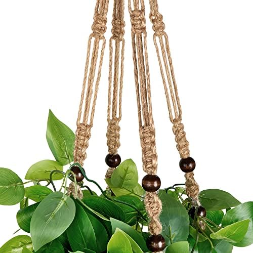 Mkono Fake Hanging Plant, Macrame Hanger with Pothos Vines & Pot, Brown - Image 5