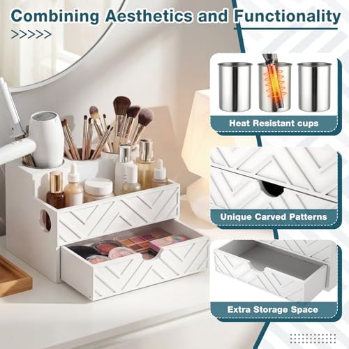 Hair Tool Organizer Countertop with Drawer Blow Dryer Holder, White - Image 3