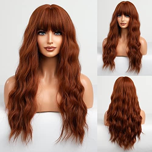 HAIRCUBE Orange Wig with Bangs Long Copper Red Curly Wigs for Women Long Auburn Wig Heat Resistant Natural Synthetic Wig for Daily Use by HAIRCUBE