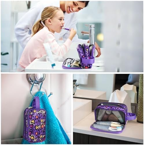 Kids Toiletry Bag for Girls, Travel Toiletry Bag for Little Young Girls Cosmetic Bag Makeup Bag Waterproof Hanging Wash Bag Toddler Toiletries, Leopard Purple - Image 6