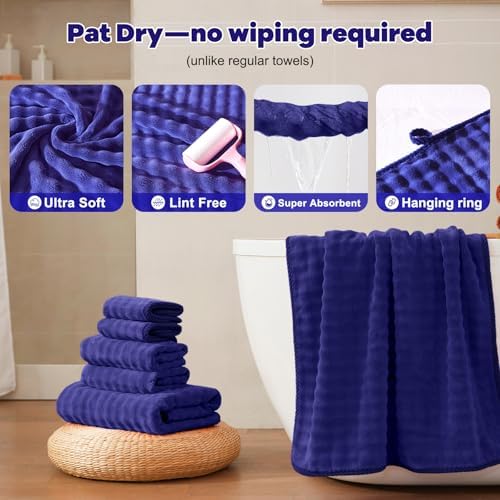 COZYART Lint Free 8 Pcs Bathroom Towels Set Ultra Soft Microfiber Navy Blue - Image 5