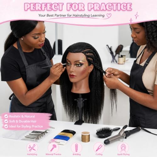 Mannequin Head Human Hair with 100% Real Hair Cosmetology Manikin Doll Head for Hair Styling 18" Mannequin Head for Braiding with Tripod Stand and Tools (Natural Black) - Image 2