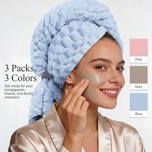 3 Pack Microfiber Hair Towels for Women 24 x 42 Inch Super Soft Absorbent & Quick Dry Towel Wrap for Long, Short, Curly, Thick Hair- Anti-frizz Turbans(Pink, Light Blue, Light Gray) - Image 3