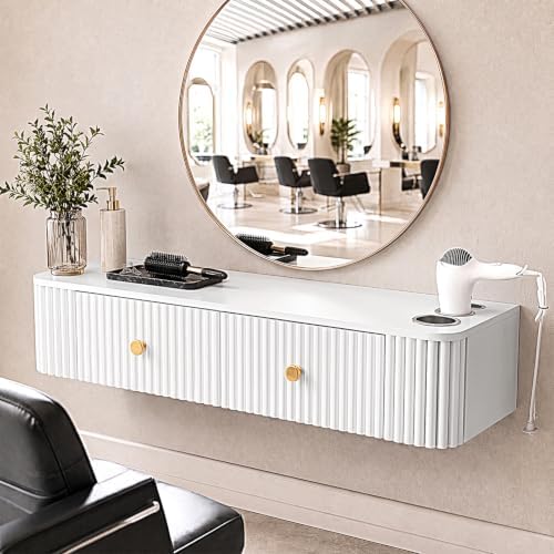 OmySalon Wall Mount Salon Station, Hair Stylist Cabinet with 3 Heat Resistant Dryer Holders, 2 Drawers, Modern Style Barber Storage Station for Barbershop Salon SPA, Solid White - Image 2