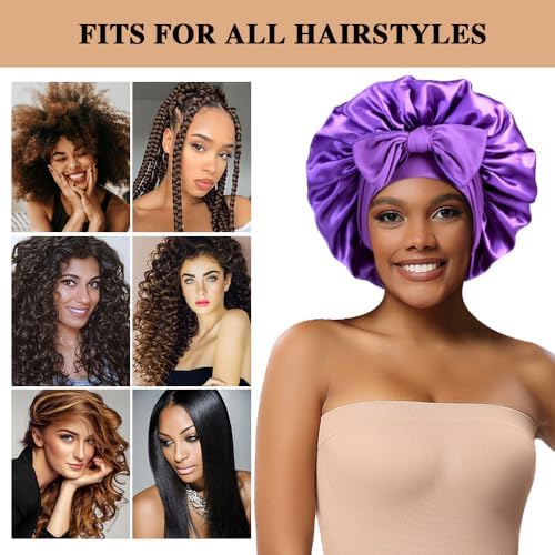 2+3 Large Satin Bonnets with Scrunchies for Women, Hair Bonnet Sleeping Tie Bonnet for Braids Curly Hair - Image 3