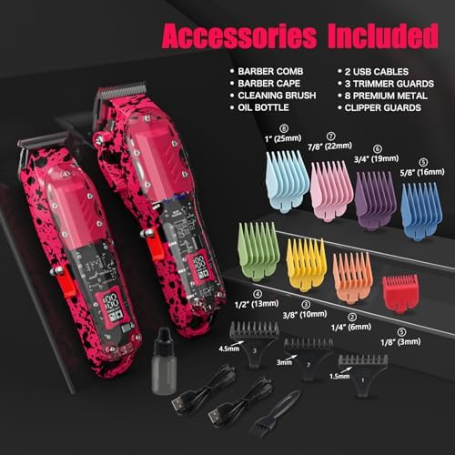 Professional Hair Clippers for Woman, Cordless Barber kit for Hair Cutting & Grooming, Hair Clippers and Trimmer Set for Barber Haircut with LED Display, 8 Fade Taper Combs(Pink Set) - Image 3