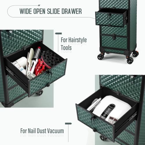 Yueieoun Nail Trolley Cart with 3 Drawers, Salon Station Cosmetology Case on Wheels Rolling Makeup Train Case Nail Case Organizer Beauty Salon Travel Case for Nailart,SPA,Hairstylist,Artist,Dark Green - Image 3