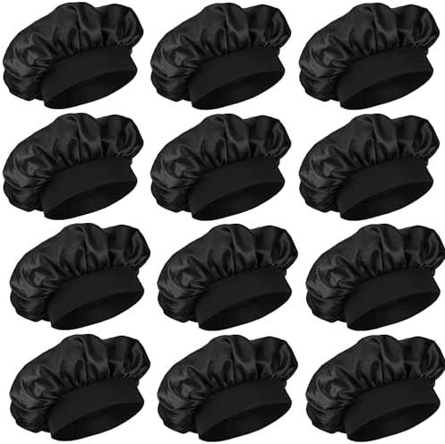 12 Pieces Silk Bonnet for Women Curly Hair Satin Bonnet Hair Wrap for Sleeping Cap with Tie Band (Black) by PODALOA