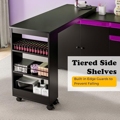 L-Shaped Manicure Table with Large Storage & LED Light (Black) - Image 3