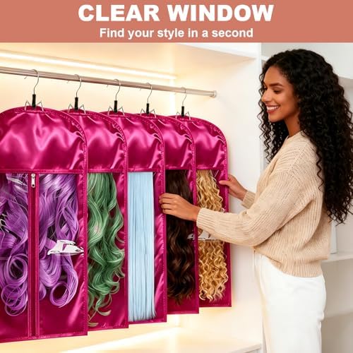 2 Pack Pink Silk Satin Wig Storage Bag with Hanger, Breathable Hair Extension Holder for Styling & Organizing, Dust-proof Silk Case for Protecting Hair Extensions & Wigs - Image 3
