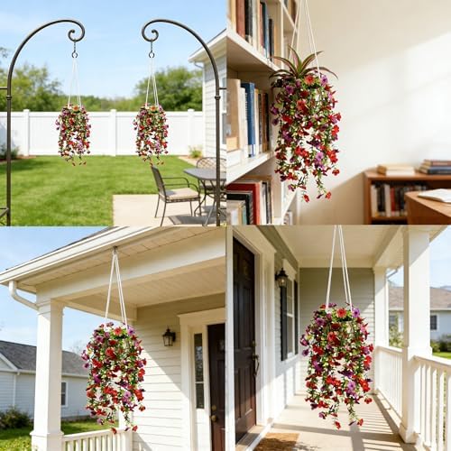 Artificial Flowers for Outdoors Fake Hanging Plants with Pot, 4pcs Silk Colorful Flowers UV Resistant Realistic Hanging Planter Faux Flower for Outside Porch Patio Home Garden Yard Decoration - Image 7