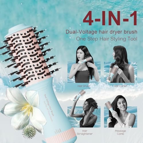 Travel Dual Voltage Hair Dryer Brush 4-in-1 Portable Mini Hot Air Blow Dryer Straightener & Curler Brush, Titanium Round Blowout Styler Volumizer Tools, 110/240V US/EU/UK -Baby Blue & Light Pink - Image 4