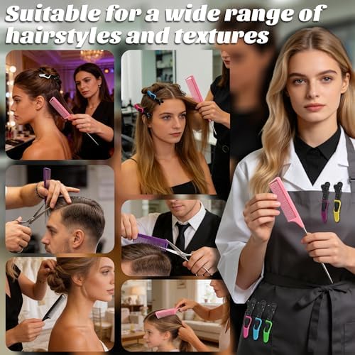 Rat Tail and Parting Combs with Styling Clips: 3 Metal Teasing Combs for Braids, 7 Professional Sectioning Hair Clips - Image 7