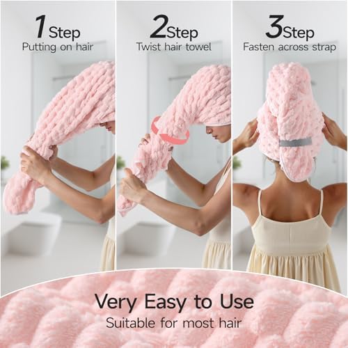 REDKISS 2 Pack Microfiber Hair Towels - Extra Large Hair Towel Wrap for Women, 24x42 inch Pink Hair Towels with Elastic Strap, Super Soft Grey Hair Drying for Long, Curly Anti Frizz Turbans - Image 3