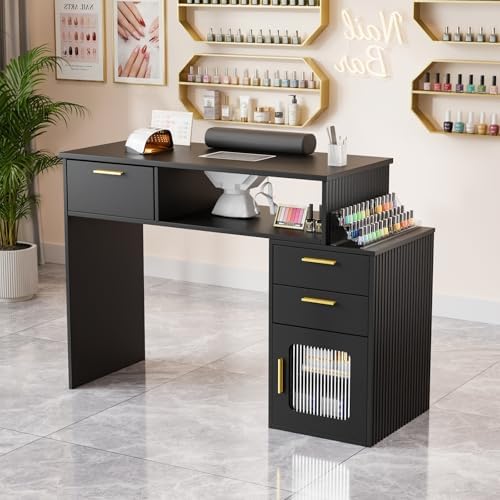 OmySalon Nail Desk with Electric Dust Collector & Glass Cabinet - Professional Manicure Table with Storage Drawer, Gold Handles, Wrist Cushion for Salon, Spa (Black) - Image 2