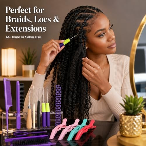Nalexmi Crochet Hooks for Hair, 15 PCS Latch Hook Crochet Needle Set for Braiding, Locs, Dreadlocks and Passion Twist Extensions, with Tail Comb and Duckbill Hair Clips, Purple Styling Kit - Image 3
