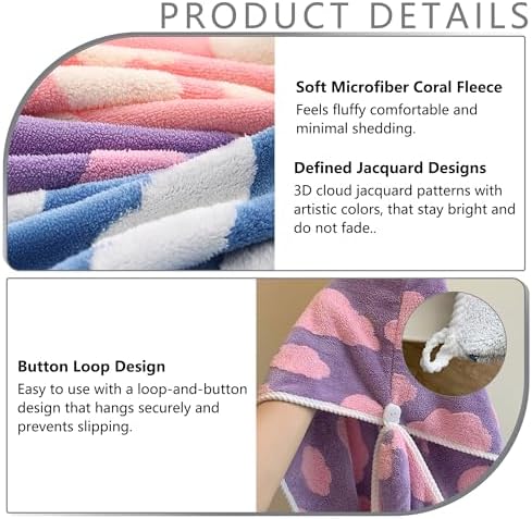 3 PCS Hair Towel Wrap Cute Pastel Floral Print Microfiber Fleece Hair Drying Towel Cap Soft Quick Dry for Women Bath Spa (Cloud) - Image 4