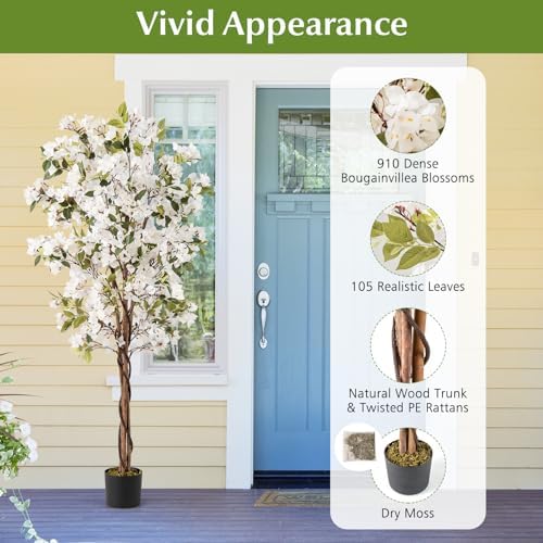 Goplus 6 FT Bougainvillea Artificial Tree, 2 Pack Faux Flower Tree in Pot with 910 Flowers, 105 Leaves, Real Wood Trunk, Tall Fake Floor Plant for Indoor Bedroom Living Room Decor, White - Image 6