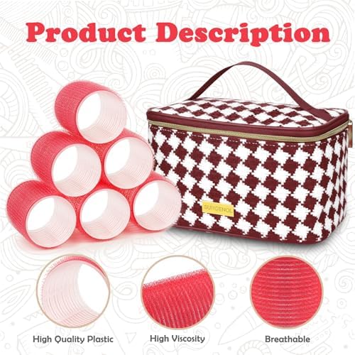 Sungenol Hair Rollers 24 Pcs Self-Grip Heatless Curlers Set for Volume - 12 Extra Large & 12 Large with Clips, Comb and Makeup Bag for Long Hair Salon Blowout (24, Red) - Image 2