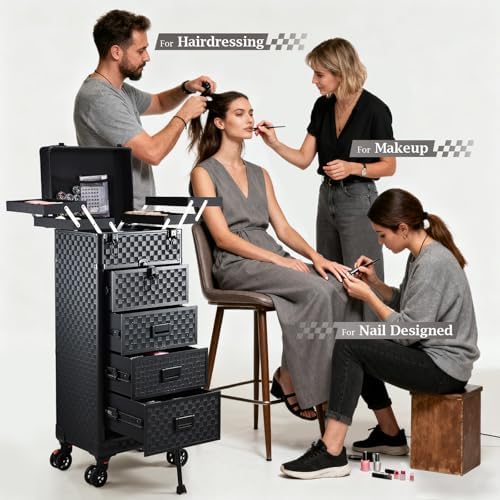 Stagiant Rolling Makeup Case with Drawers Cosmetology Case on Wheels 5 IN 1 Makeup Case 4 Drawers with Foot Stand Spring-release Mechanism Rolling Make Up Organizer for Artist Salon Nail Teach Trunk - Image 3