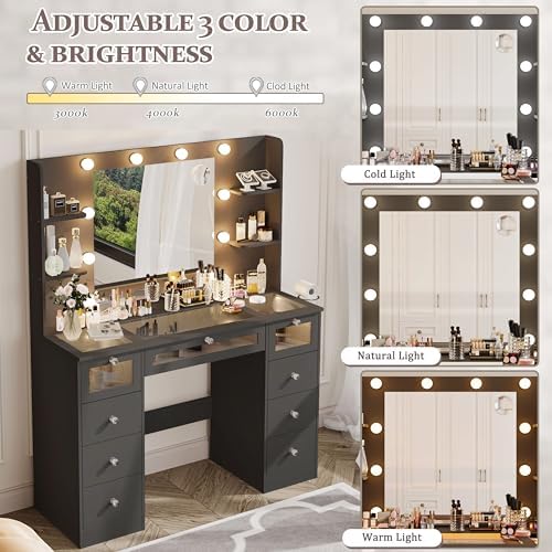 Black Vanity with Lighted 23.5'' Mirror, Makeup Vanity Desk with Glass Top - Image 3