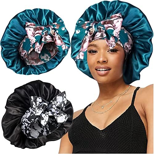 2pcs Large Silky Bonnets with tie Band Braid Bonnet, Satin Bonnet for Sleeping Curly Hair, F by Heniho