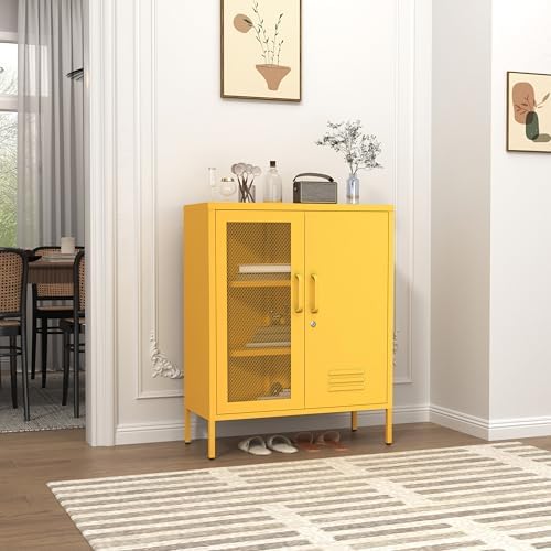 33" Metal Storage Cabinet with 2 Tier Removable Shelves Yellow Lockable Metal Bathroom Vanity Freestanding Sideboard with Mesh Doors for Home Living Room Bedroom Size：33" H X 29.5" W X 13.8" D by HOME