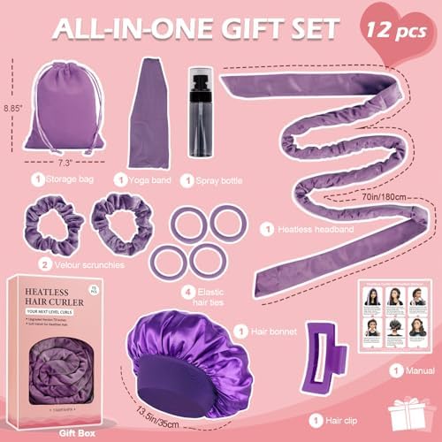 Heatless Curls Overnight Headband, 70'' No Heat Hair Curlers with Hair Bonnet for Sleeping, Light Purple - Image 6
