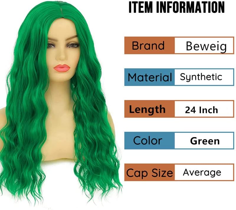 Long Curly Wavy Green Wig for Women Middle Part Costume Cosplay Wig Synthetic Hair Replacement Wig - Image 3