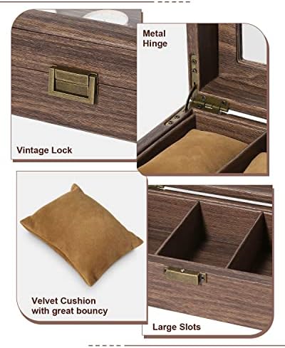 Uten Watch Box 6 Slots with Glass Lid, Wood Grain PU Leather - Image 4