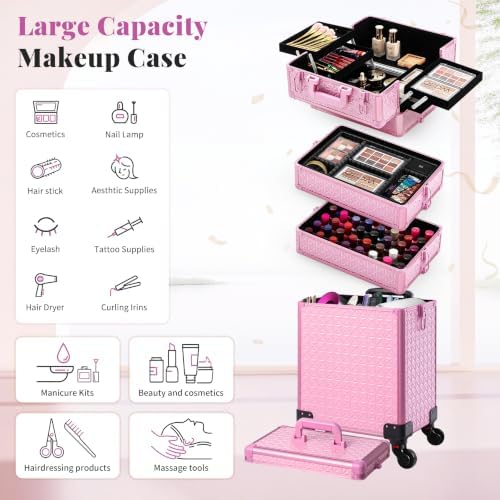 AROUS 5 in 1 Rolling Makeup Train Case with Lid Cosmetology Case on Wheels - Image 4