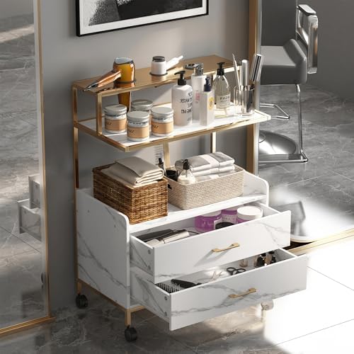 Salon Rolling Trolley with Lockable Wheels,Barber Cart,Gold,Marble - Image 3