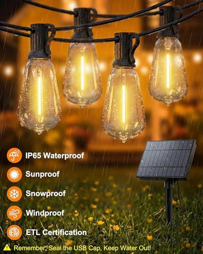 108FT (48+2) Outdoor String Lights Solar Powered, ST38 Dimmable Patio Lights with Remote & USB Charging, Dusk to Dawn, 2700K LED String Solar Light for Backyard, Garden, Porch, Wedding Decor - Image 2