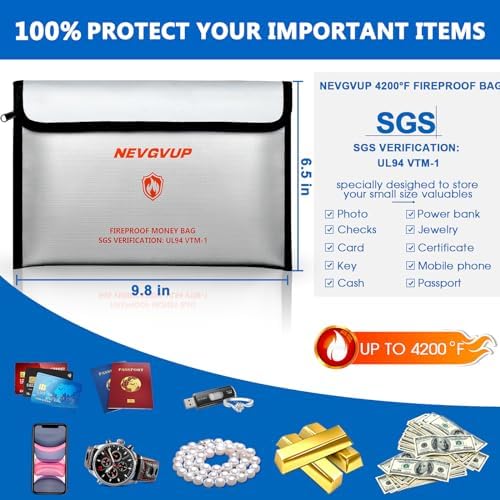 Fireproof Money Bag 4200°F - Heat Insulated, 9.8 x 6.5" Small Fireproof Document Bags with Waterproof Zipper, Fire proof Bag with Reflective Strip and Fireproofs Edeging, Fire Pouch Set for Valuables - Image 6