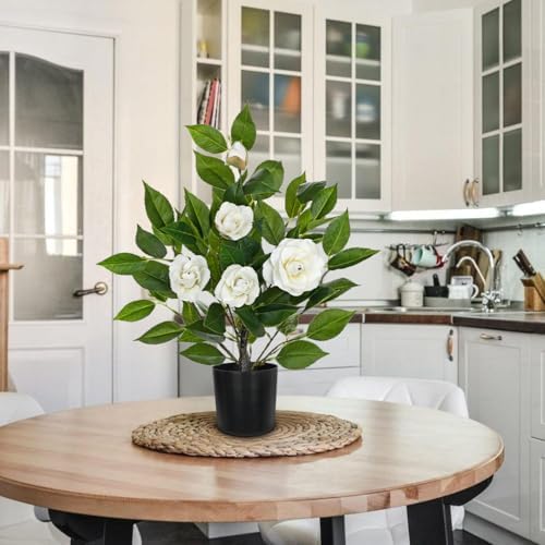 Small Artificial Camellia Roses Potted - 17.7" White Faux Camellia Rose Mini Tree Fake Flower Plant Artificial Plants & Flowers Indoor with Planter for Home Office Living Room Porch Arrangement Decor - Image 4
