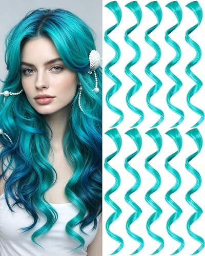 10 PCS Teal Blue Hair Extensions, Curly Wavy Synthetic Hairpieces Clip in by Olldag