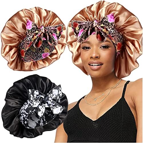 2pcs Large Silky Bonnets with tie Band Braid Bonnet, Satin Bonnet for Sleeping Curly Hair, D by Heniho