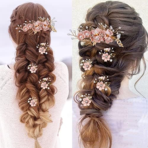 5 Pieces Bridal Flower Wedding Hair Pins Crystal Pearl Hair Combs Clips Headpiece Gold Wedding Hair Accessories Jewelry with Rhinestone for Brides Bridesmaids Women Girls Updo (Cherry Blossoms Pink) - Image 6