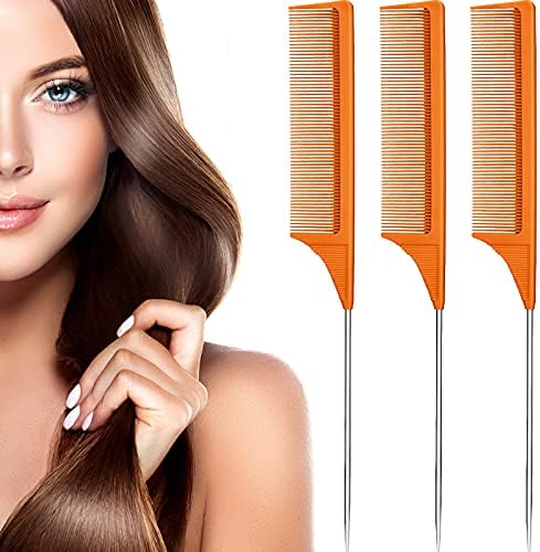 Leinuosen 3 Pack Rat Tail Comb Carbon Fiber,Orange by Leinuosen