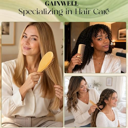 Bamboo Hair Brush for Hair Growth, Natural Bamboo Bristles Detangling Wooden Paddle Hairbrush for Massaging Scalp, for Women Men and Kids, for All Hair Types, with Ergonomic Handle (Set-3Pcs) - Image 2