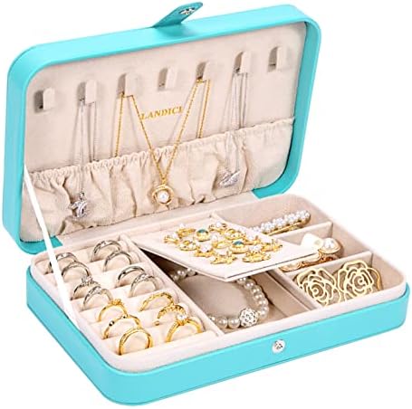 LANDICI Small Jewelry Box for Women Girls, PU Leather Travel Jewelry Organizer Case, Portable Jewellery Storage Holder Display for Ring Earrings Necklace Bracelet Bangle Watch Men Kids Gift, Lake Blue by LANDICI