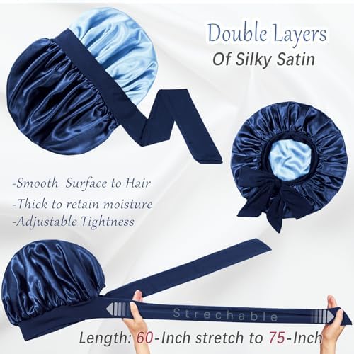 Double-Layered Silky Satin Bonnet with Tie, Large Women Sleep Cap - Image 2