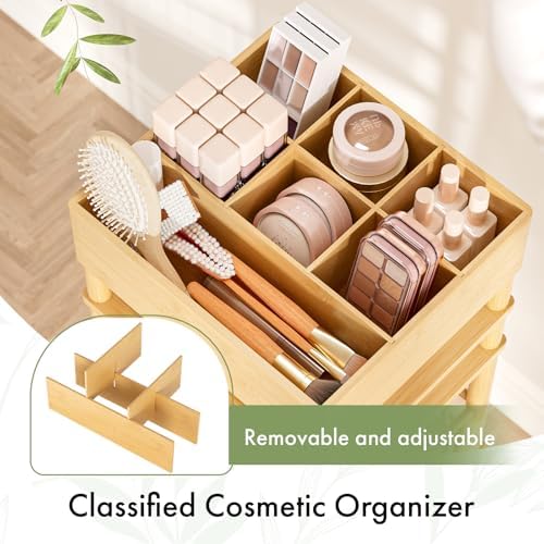 Amazer Bamboo Makeup Organizer Cart with 3 Drawers, Floor Skin Care Storage for Bathroom Bedroom, Rolling Vanity Organizer Cart for Cosmetic, Nail Polish, Perfume and Hair Tools - Image 3