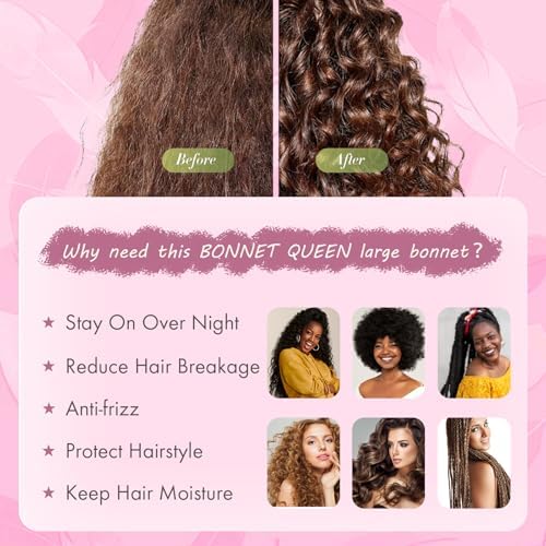 BONNET QUEEN XL Large Silk Like Bonnet for Sleeping for Curly Hair,Satin Bonnet with Adjustable Tie Band,Hot Pink - Image 5
