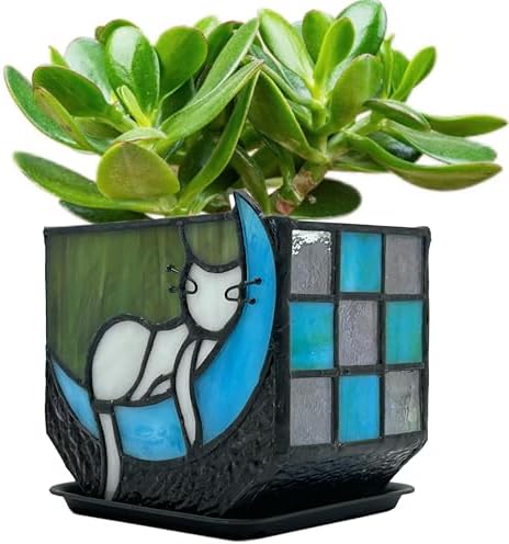 Tiffany Stained Glass Funny Moon Sleeping Cat Planter,Flower Pots for Indoor Plants,Plant Pot with Drainage,Cute Grey Cat Plant Pots,Gifts for Plant Lovers,4.6x3x5.15 in by Entlityful