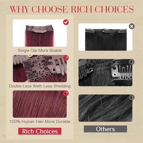 Rich Choices Real Human Hair Clip In Extensions-6 Pcs Single Clip Design-100% Remy Hairs Invisible Clip in Extensions for Thin Hair-Seamless Hairpieces for Women-18 Inches #99J Burgundy Red Halloween - Image 6