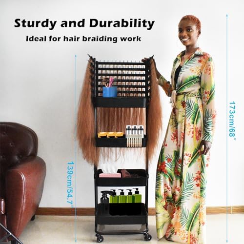 Braiding Hair Rack with 196 Pegs, Hair Extension Holder with 4 Tiers Storage Cart, Classical Black Braiding Rack Stand for Hair Braider, Sturdy Hair Rack for Salon, Home, Braiding School - Image 2