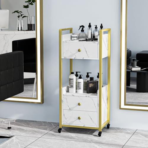 OmySalon Salon Trolley Cart with Wheels, Esthetician Cart with 3 Drawers & 2 Trays, Mobile Storage Organizer for Beauty Spa Massage Tattoo Esthetic Facial Tool Holder Station, White Marble - Image 2