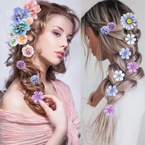 21 PCS Hair Flowers Boho Hair Barrettes Accessories Hawaiian Silk Flower Clips Girls Purple Blue Floral Bride Headpiece Festival(BLUE & PURPLE) - Image 3