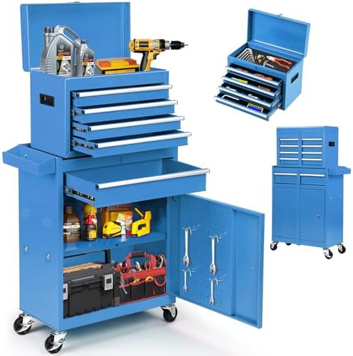 Dawmilon 5-Drawer Rolling Tool Chest with Wheels - Large Tool Storage Cabinet with Detachable Toolbox for Repair Room, Warehouse - Rolling Tool Box with Hooks, Liners, Blue by Dawmilon